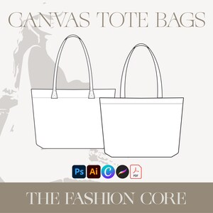 May include: Line art illustration of two canvas tote bags. The bags have a simple design with a rectangular body and two straps. The bags are shown side by side, with the straps of the bag on the left overlapping the straps of the bag on the right.