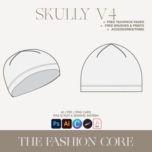 Op de afbeelding: Een technische tekening van een muts, getiteld "SKULLY V4", met twee aanzichten: een schuine perspectief en een vooraanzicht. De afbeelding bevat tekst over gratis bronnen en software-iconen, met de tekst "THE FASHION CORE" onderaan.