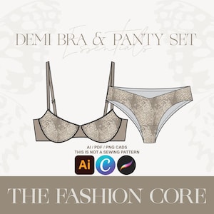 Demi scoop Bra + V cut bikini set  | Fashion Design Editable Technical Flat Ai CAD, file for Illustrator, Canva, and Procreate w/ tech pack