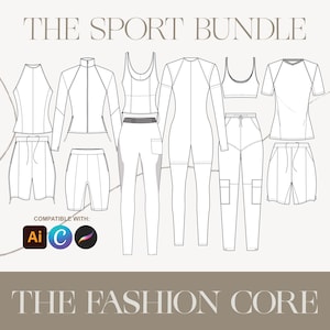 Athletic Sport Bundle | Fashion Design Editable Technical Flat Ai CAD for Illustrator, Canva, and Procreate with Tech Pack Pages & Trims