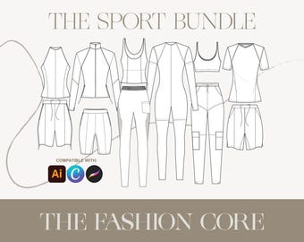 Athletic Sport Bundle | Fashion Design Editable Technical Flat Ai CAD for Illustrator, Canva, and Procreate with Tech Pack Pages & Trims