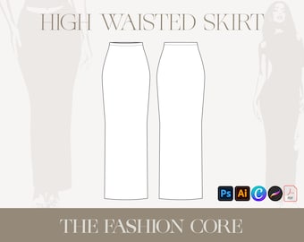 High Waisted Long Skirt  | Fashion Design Editable Base Technical Flat Ai CAD (Front + Back) for Illustrator, Canva, and Procreate