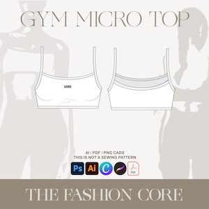 Gym Micro Sports Top Mockup | Trending Fashion Design Editable Technical Flat Ai CAD (Front + Back) for Illustrator, Canva, and Procreate