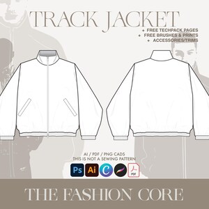 Puede incluir: Dibujo técnico de una chaqueta deportiva blanca, vistas delantera y trasera, con cremallera y bolsillos. El texto "TRACK JACKET" está en la parte superior, con información sobre recursos gratuitos. El texto inferior dice "THE FASHION CORE".