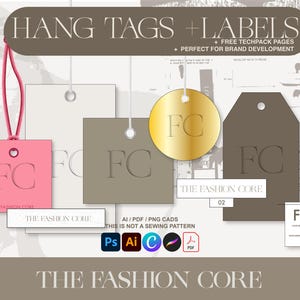 Pode incluir: Uma coleção de etiquetas e rótulos em várias formas e cores, incluindo rosa, cinza e dourado. Cada etiqueta apresenta as letras "FC" e o texto "THE FASHION CORE". A imagem também inclui ícones de software de design e a frase "THIS IS NOT A SEWING PATTERN."