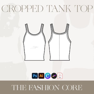May include: A white cropped tank top with a thin black trim around the neckline and armholes. The tank top is a fashion illustration.
