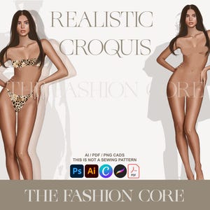 May include: Digital fashion croquis featuring two female figures. One figure is wearing a leopard print bikini. The other figure is nude. Text on the image reads "REALISTIC CROQUIS" and "THE FASHION CORE".