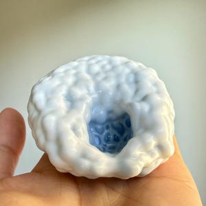 Könnte beinhalten: Eine weiße und hellblaue Keramikskulptur mit einer strukturierten, wolkenartigen Außenseite und einer zentralen Höhlung. Das Innere der Höhlung ist dunkler blau mit einem Wabenmuster. Die Skulptur wird in einer Hand gehalten.