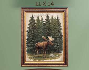 Descarga de lámina de arte de vida silvestre, pieza decorativa vintage de alce del bosque, arte mural de naturaleza imprimible, escena de alce de Focal Art 11x14 JPG 1 A