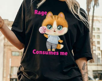怒りに身を焦がすおもしろ子猫Tシャツ、おもしろ猫怒りミームTシャツ、ユニセックスおもしろ子猫ミームTシャツ、おもしろ猫好きピンクテキストTシャツ