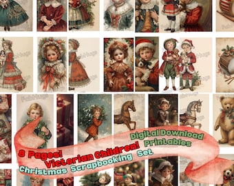 Juguetes infantiles victorianos, imprimibles navideños para scrapbooking, recortes navideños vintage, páginas descargables para el cajón de los trastos.