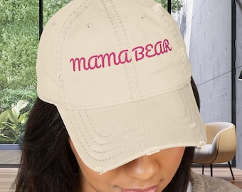 Cute Baseball Cap for Moms, Embroidered Mama Bear Hat, Pink Embroidery Gift for Mothers Day, Distressed Cotton Sporty Fan Accessory for Her