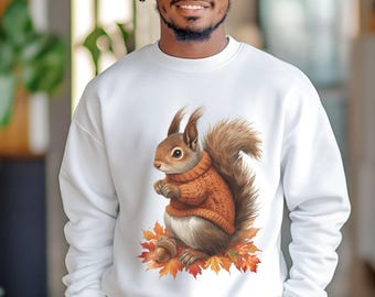 Fall Squirrel in a Sweater Shirt, Autumn Leaves Crewneck, Cute Animal Sweatshirt, Warm Unisex Nature Pullover