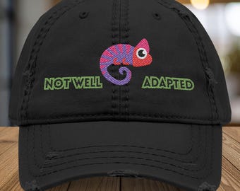 Sarcastic Lizard Streetwear Cap, Chameleon Urbanwear Hat, Funny Distressed Dad Hat, Reptile Humor Embroidery Baseball Cap, Not Well Adapted