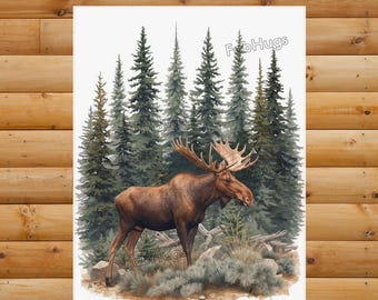 Moose Forest Print, Rustic Cabin Wall Art, Pine Tree Masculine Wildlife Poster Gift, Retro Lodge Decor for Nature Inspired Man Cave Homes 1E