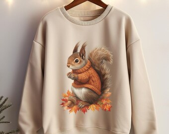Fall Squirrel in a Sweater Shirt, Autumn Leaves Crewneck, Cute Animal Sweatshirt, Warm Unisex Nature Pullover