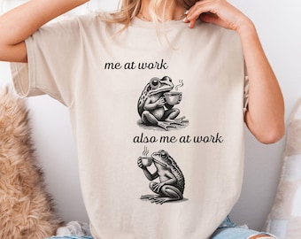 Funny Frog Work Humor Meme T-Shirt, Vintage Style Graphic Frog T-shirt, Frog Funny Sayings T-Shirt, Frog Drinking Coffee Tea Funny T-Shirt