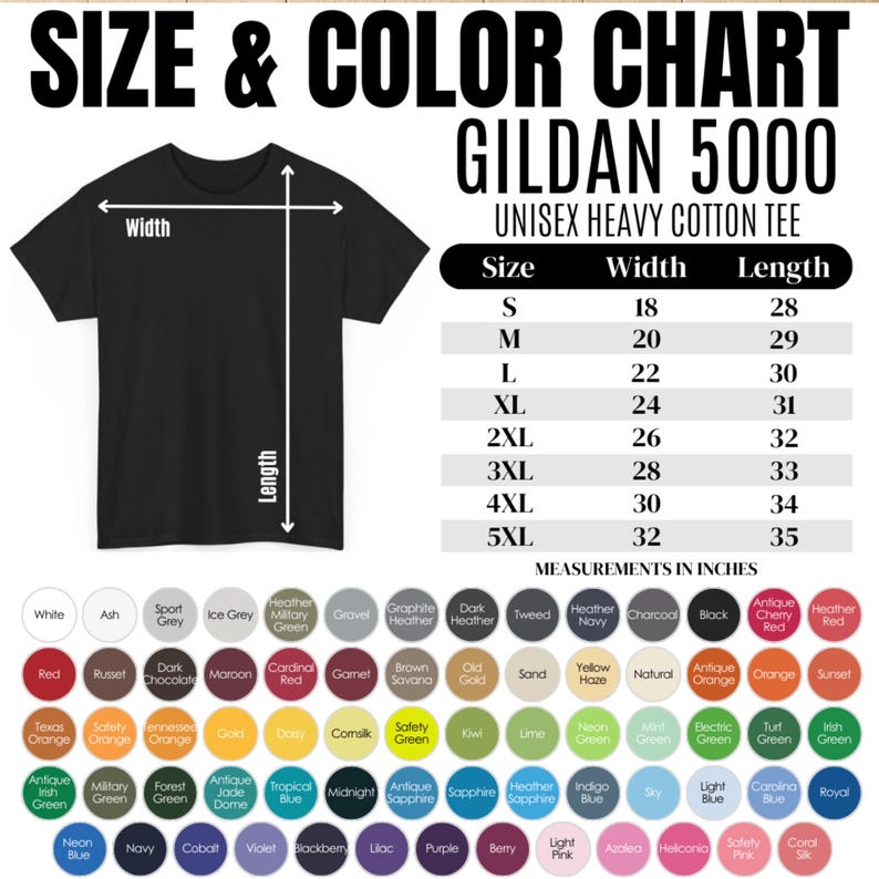 Puede incluir: Una tabla de tallas y colores para la camiseta unisex de algod&oacute;n pesado Gildan 5000. La imagen muestra una camiseta negra con flechas de ancho y largo, una tabla de tallas de la S a la 5XL en pulgadas y una cuadr&iacute;cula de muestras de color.