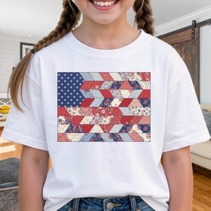 Kids Veterans Day Shirt, Childrens FAUX Quilted Patchwork Flag TShirt, Patriotic Tee