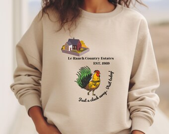 Sweatshirt vintage stijl haan, sweatshirt met retro reclameontwerp ranch, boho chicken lover grafisch shirt, nostalgisch shirt met landthema