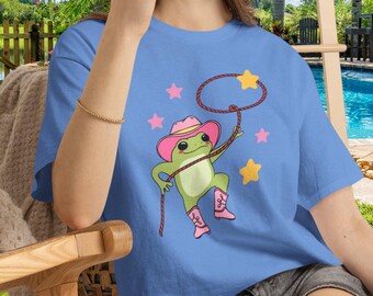 Rodeo Cowgirl Frosch Shirt, Pink Cowboy Hut und Stiefel Lustiges T-Shirt, Lasso Fangen Sterne Western Girl Tee