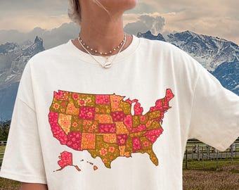 Camiseta con mapa floral de Estados Unidos, Camiseta Comfort Colors® America Cross Country Family Travel, Camiseta patriótica con flores, Camiseta retro del Día de los Veteranos