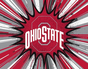 May include: A graphic design featuring the word "OHIO STATE" in white block letters, set against a red, gray, and black burst pattern. The design includes a red octagon shape with the text inside, and radiating lines.