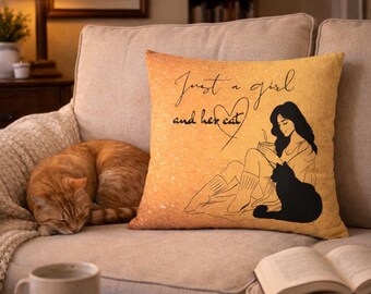 Just a Girl and Her Cat Faux Suede Pillowcase | Square Throw Pillowcover
