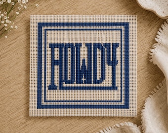 May include: A square canvas with the word "HOWDY" stitched in navy blue, framed by a navy blue border. The canvas is beige and has a textured appearance. The design is centered on the canvas.