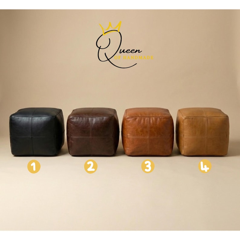 May include: Four square leather ottomans in a row, each a different shade of brown and black. The ottomans are numbered 1 through 4. The logo "Queen of Handmade" is in the upper center.