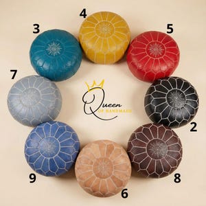 Handmade Moroccan Leather Pouf Ottoman: Neutral Round Footstool