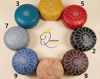 Handmade Moroccan Leather Pouf Ottoman: Neutral Round Footstool