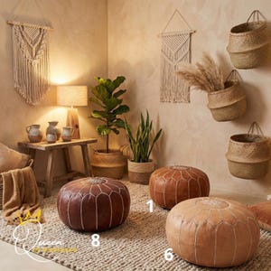 Handmade Moroccan Leather Pouf Ottoman: Neutral Round Footstool