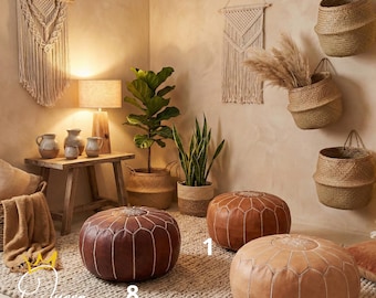 Handmade Moroccan Leather Pouf Ottoman: Neutral Round Footstool