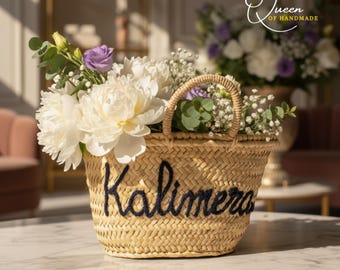 Personalized Moroccan Straw Basket: Embroidered Beach Tote, Bridal Shower Bag