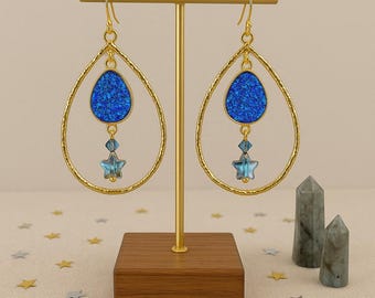 Northern Lights Earrings | Blue Druzy & Crystal Stars in Gold Teardrop Hoops | Druzy Ststement Earrings