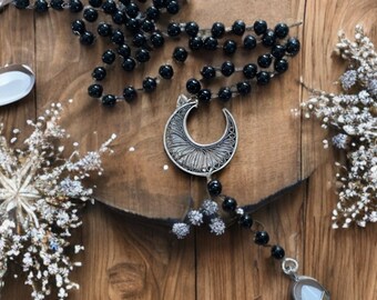 Moonlit Path Necklace | Beaded Crescent Moon Lariat with Quartz Point - Gothic Style Necklace - Black Beaded Lariat Necklace