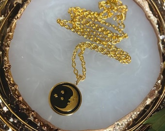 Aurelia Necklace | Black Enamel Moon & Stars on Gold Chain - Celestial Necklace - Dainty Moon and Stars Necklace