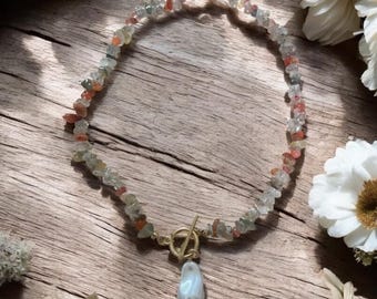 Golden Shoreline Necklace | Warm Stone Chips with Freshwater Pearl Pendant and Toggle Clasp