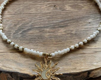 Halo & Hush Beaded Choker | Sun and Moon Pendant with White and Gold Beads - White Beaded Celestial Necklace - Boho Jewelry