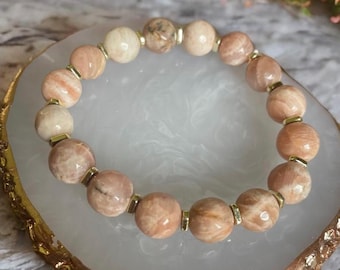 Blushing Earth Bracelet | Cream Agate Stretch Bracelet with Gold Plated Spacers – Natural Gemstone Jewelry