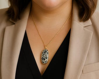 Dalmatian Jasper Pendant Necklace | Speckled Oval Stone on Gold Cable Chain – Minimal Natural Statement
