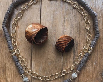 Coastal Drift Necklace | Summer Layered Necklace with Wood Beads, Pearl Accent, Crystals & Gold Chain - Beachy Vibes Necklace