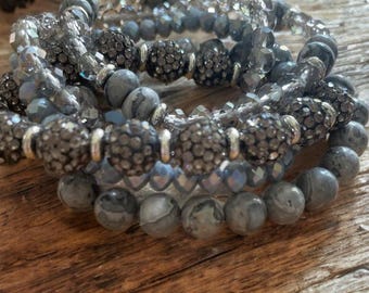 Ash & Ice Stack | Sparkling Grey Crystal and Jasper Bead Bracelets – Set of 5 Stretch Bracelets - Beaded Stretch Bracelet Set