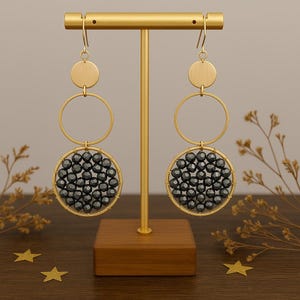 Gilded Drift Earrings | Wire Wrapped Gold Circles with Black Diamond AB Swarovski Crystals - Boho Statement Earrings