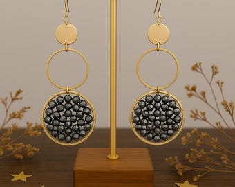 Gilded Drift Earrings | Wire Wrapped Gold Circles with Black Diamond AB Swarovski Crystals - Boho Statement Earrings