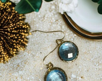 Coastal Mirage Earrings | Light Blue Resin Crystal Domes – Gold Hammered Round Dangle Earrings with Beachy Bubble Detail