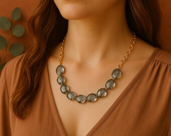 Shadowstone Necklace | Smoky Faceted Crystal Beads – Gold Chain Bold Statement Necklace