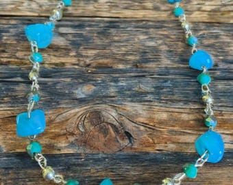 Sea Whisper Necklace | Natural Agate & Faceted Crystal Beads – Gold Plated Boho Statement Jewelry
