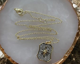 Celestial Crest Necklace | Gold Plated Star Pendant with Pavé CZ – Shield Charm on 16–18” Adjustable Chain - Dainty Celestial Necklace